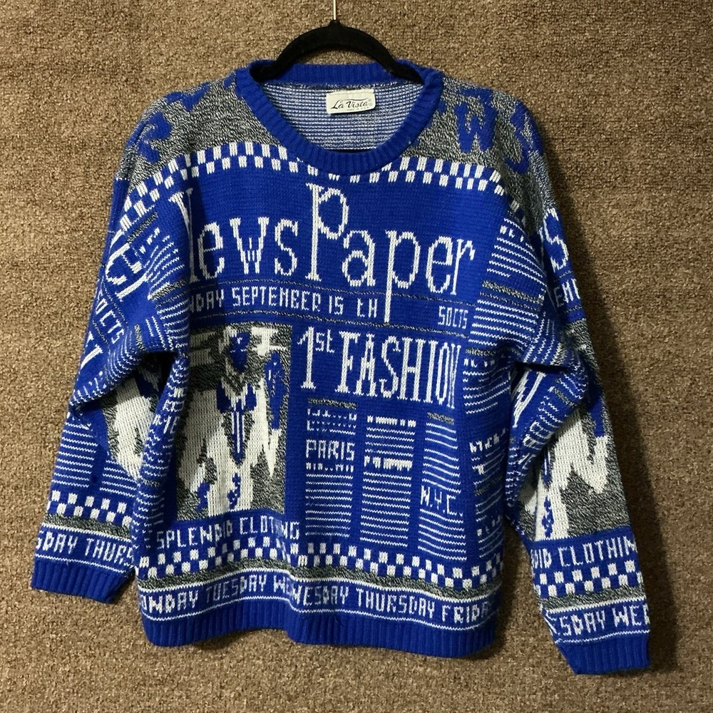 VTG La Vista Newspaper Print Fashion Paris N.Y.C. Days of Week Sweater Wm L/XL?